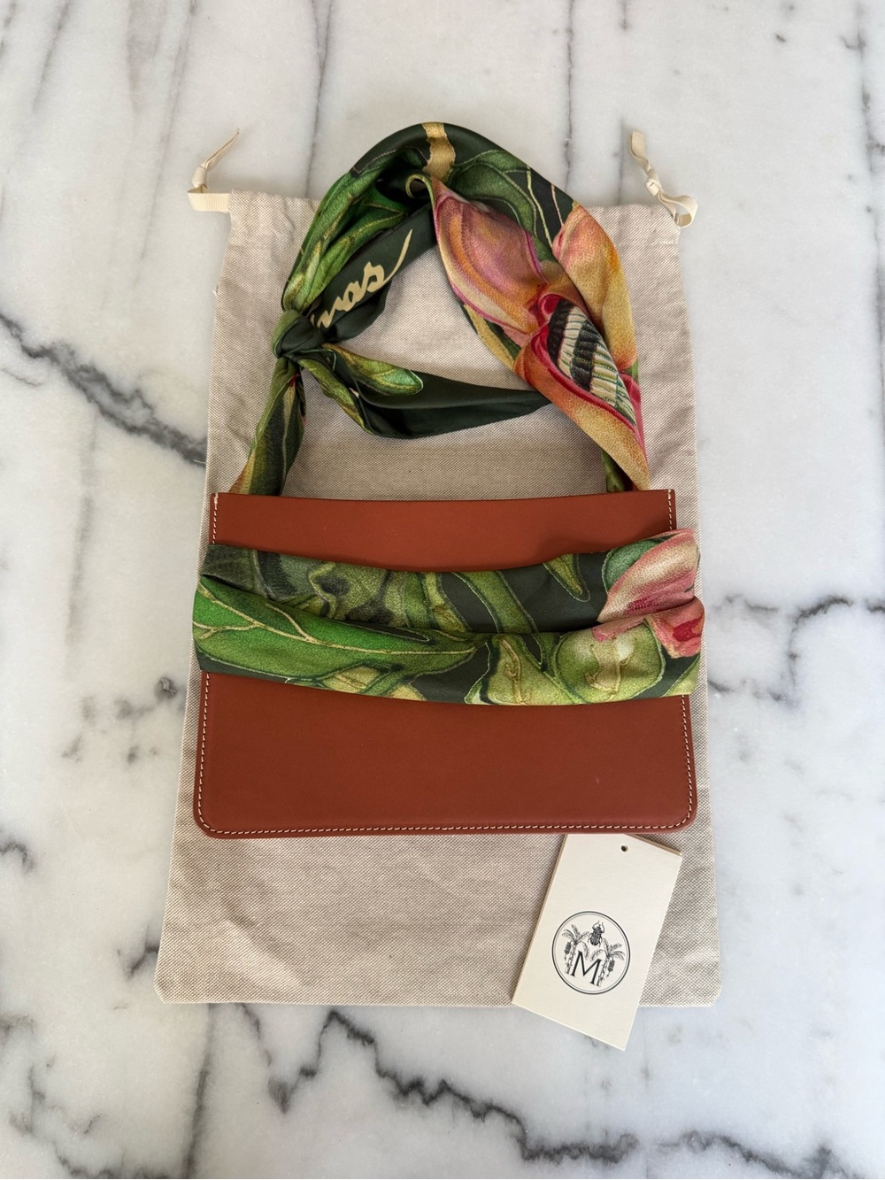 Montunas NWT Leather Shoulder Bag with Botanical Scarf Accent - Brown & Green